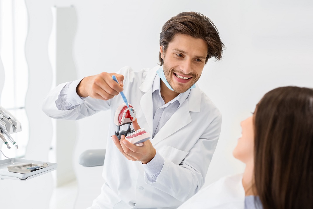 dentist showing patient model of teeth